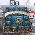 Shark duvet cover styled in a bedroom with ocean scenes, festive sea creatures, coral, and holiday decor