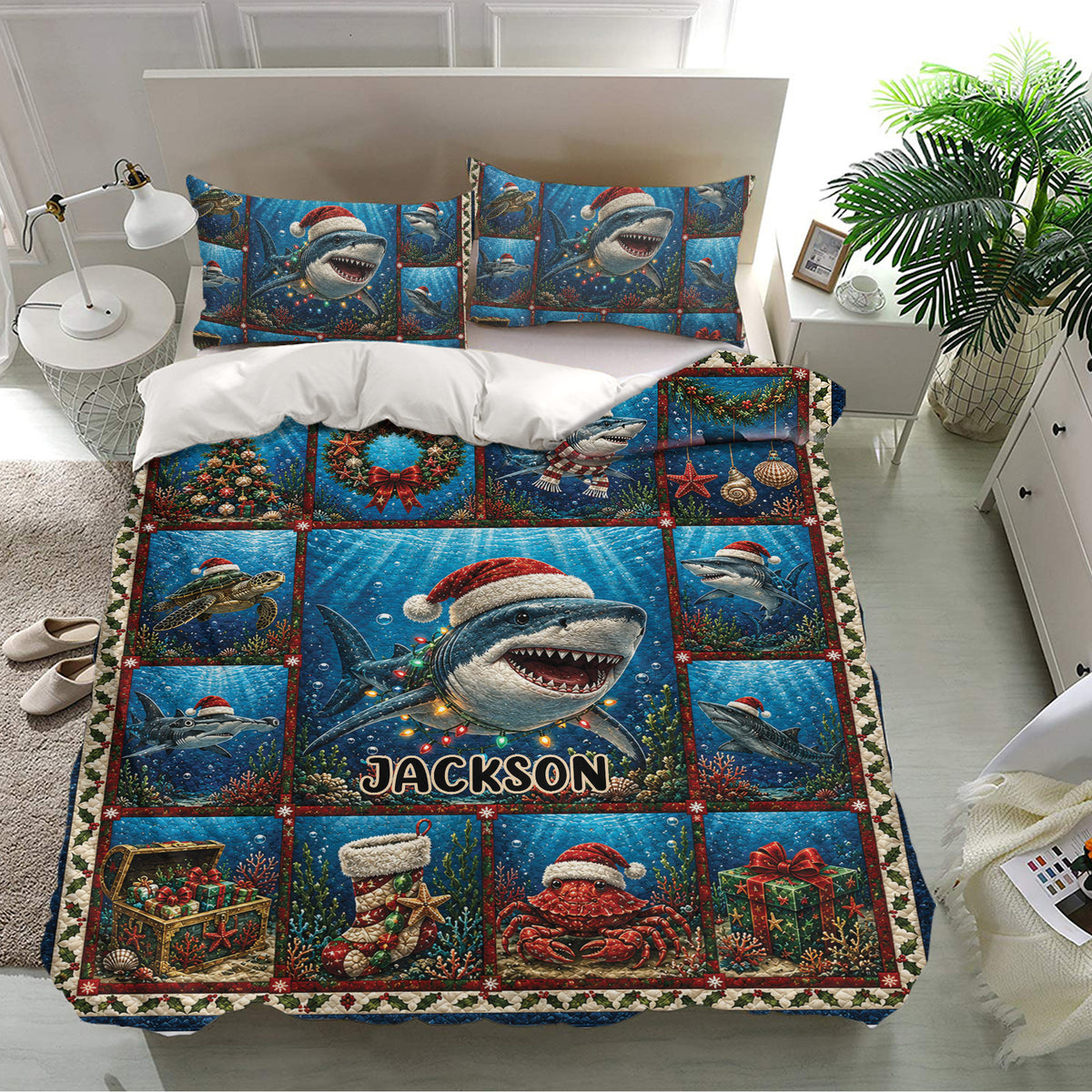 Shark bedding set displayed in a bright bedroom with matching pillowcases and colorful underwater Christmas artwork