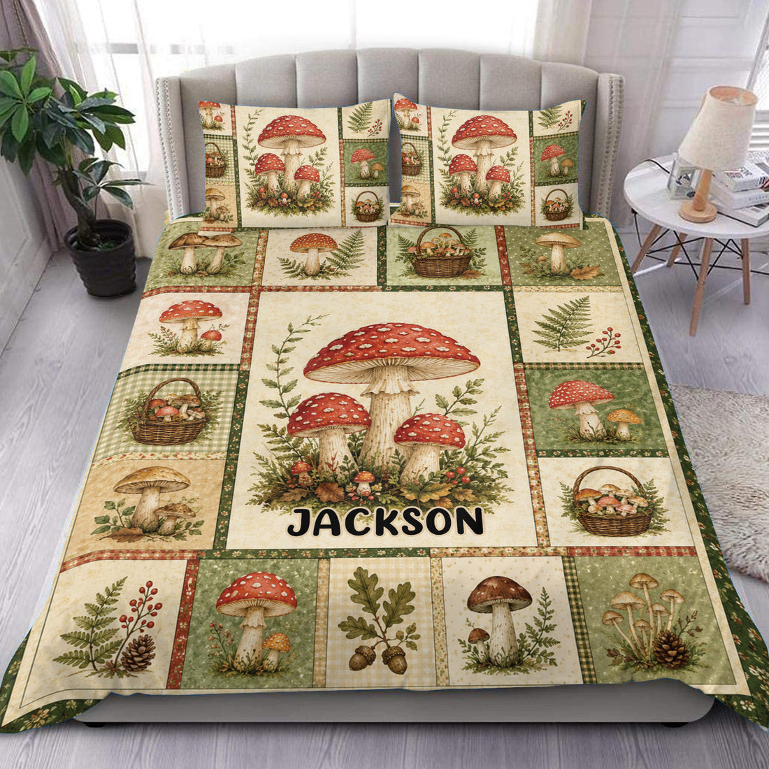Mushroom duvet cover set displayed on a bed with vintage woodland artwork, baskets, ferns, and forest tones