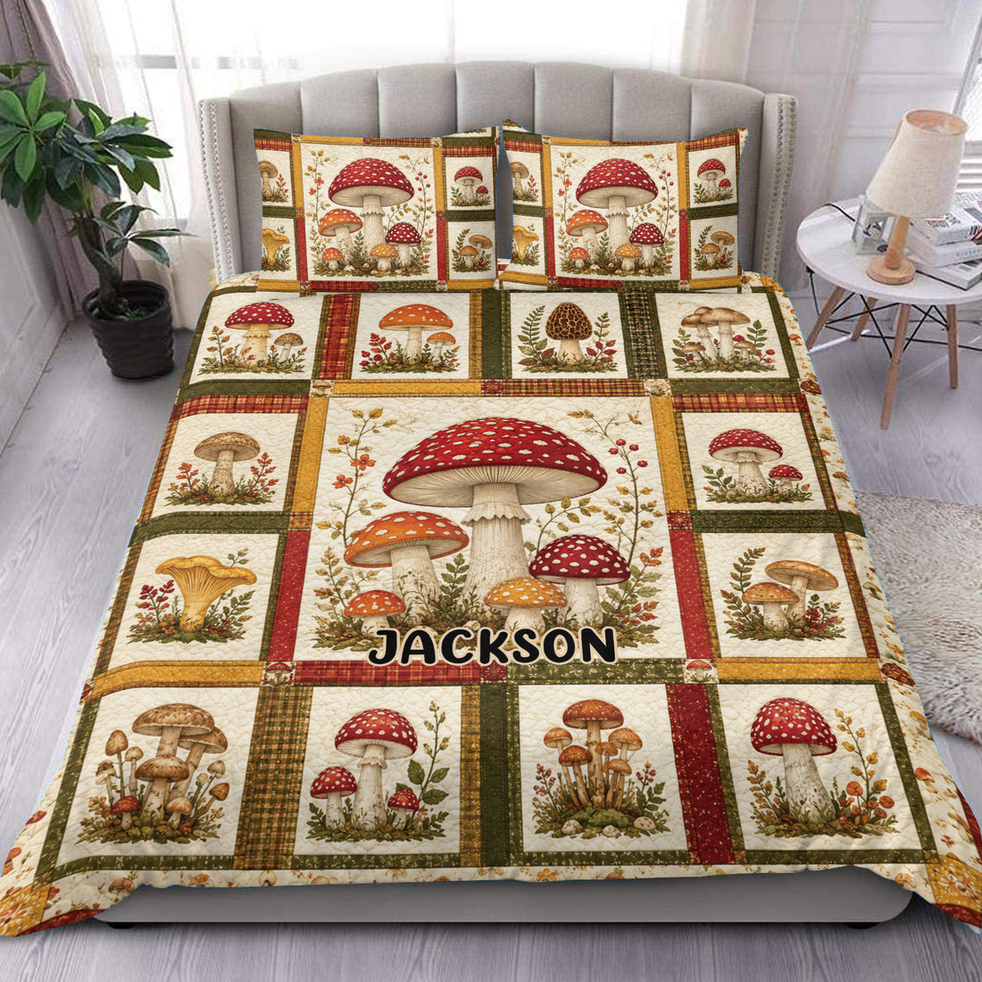 Mushroom duvet cover set styled on a bed with vintage botanical panels and warm woodland colors