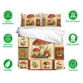Mushroom bedding set with matching pillowcases, red and brown woodland artwork, and soft breathable fabric icons
