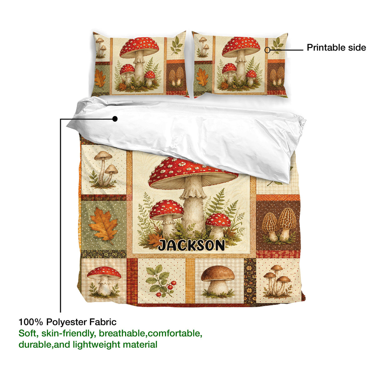 Mushroom duvet cover and matching pillowcases showing the printed side and soft lightweight fabric detail