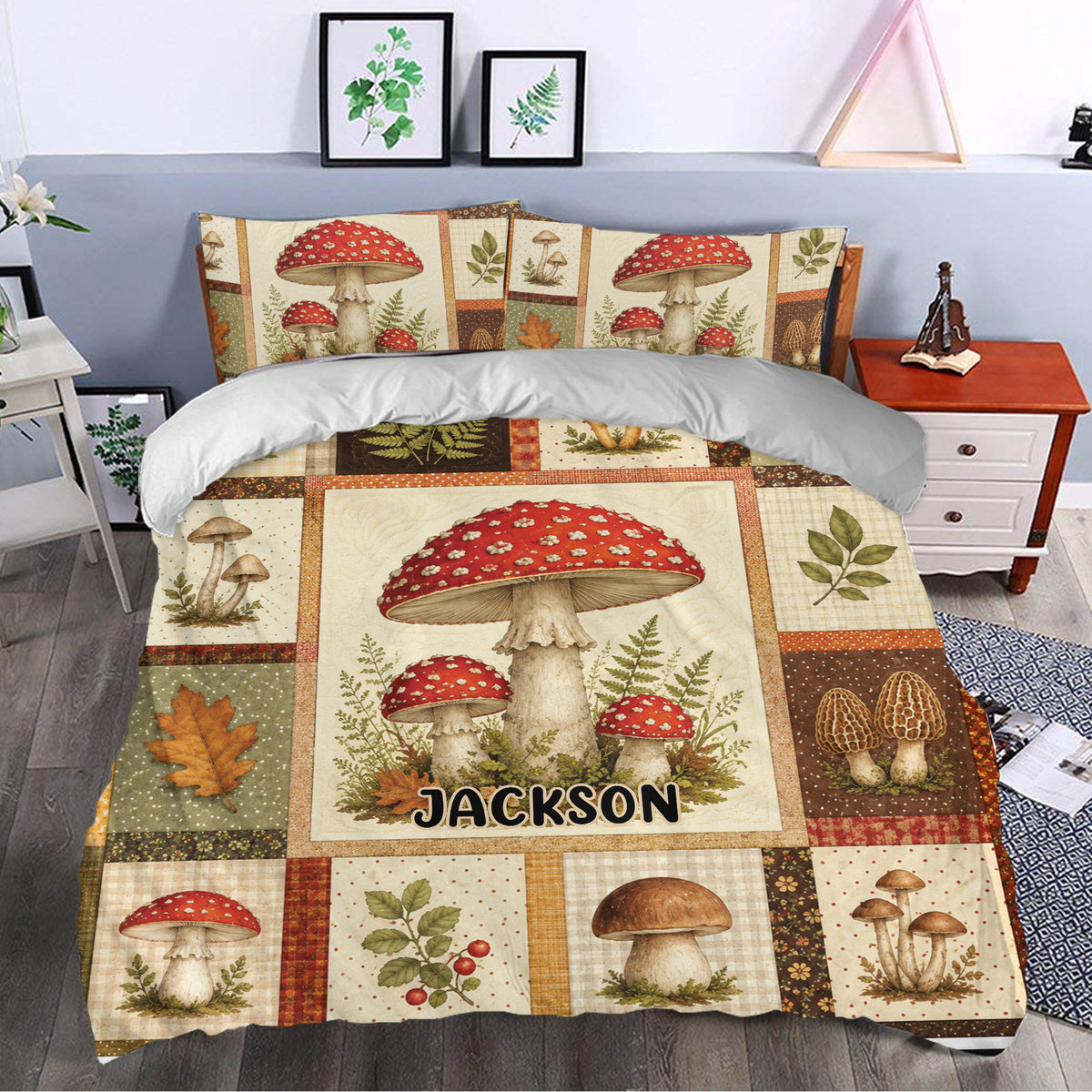 Mushroom duvet cover set styled in a bedroom with rustic woodland artwork, red mushrooms, ferns, and autumn leaves