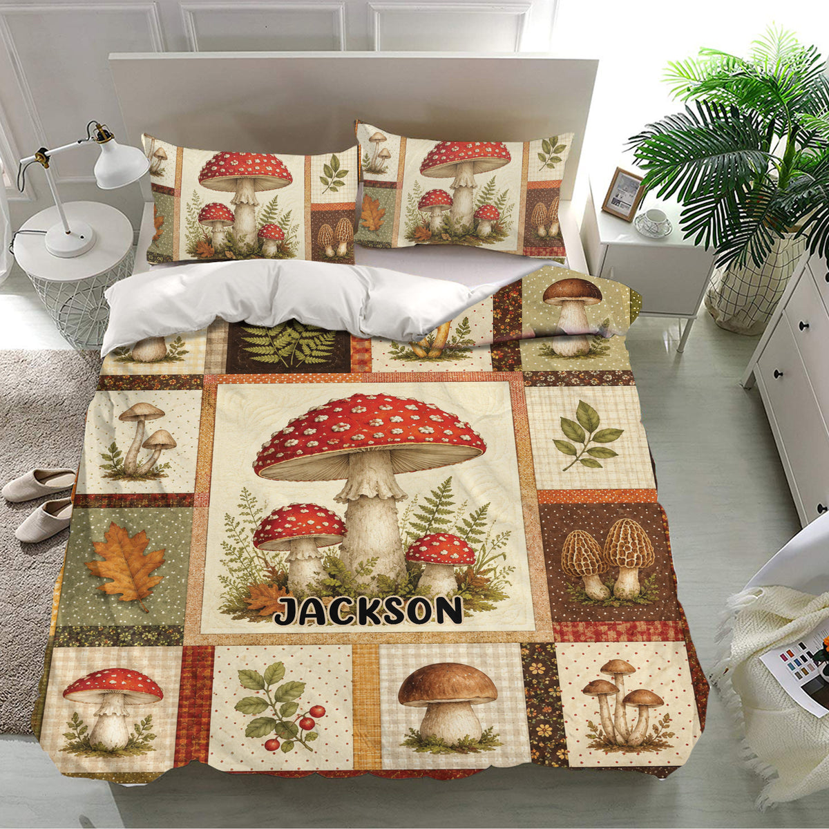 Mushroom bedding set presented in a bright bedroom with matching pillowcases and detailed woodland fungi artwork