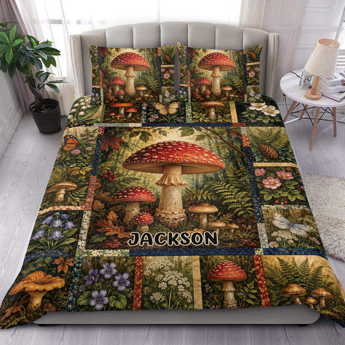 Mushroom duvet cover bedding set styled on a bed with vintage woodland artwork and rich forest colors