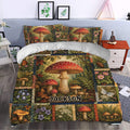 Mushroom duvet cover bedding set styled in a bedroom with rustic woodland and cottagecore decor