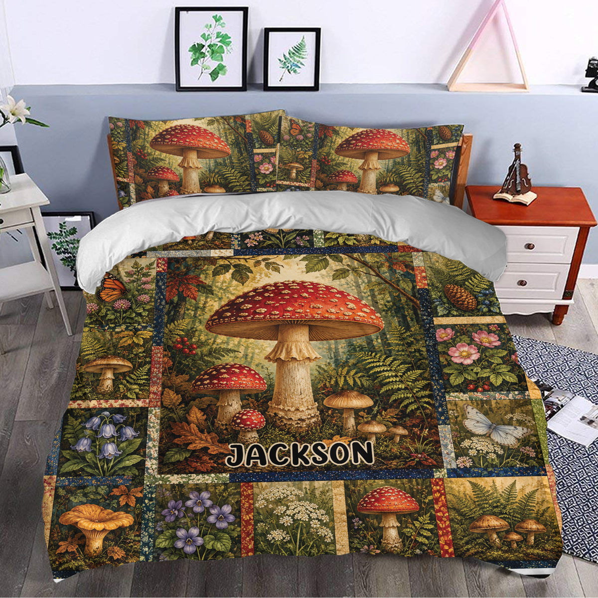 Mushroom duvet cover bedding set styled in a bedroom with rustic woodland and cottagecore decor