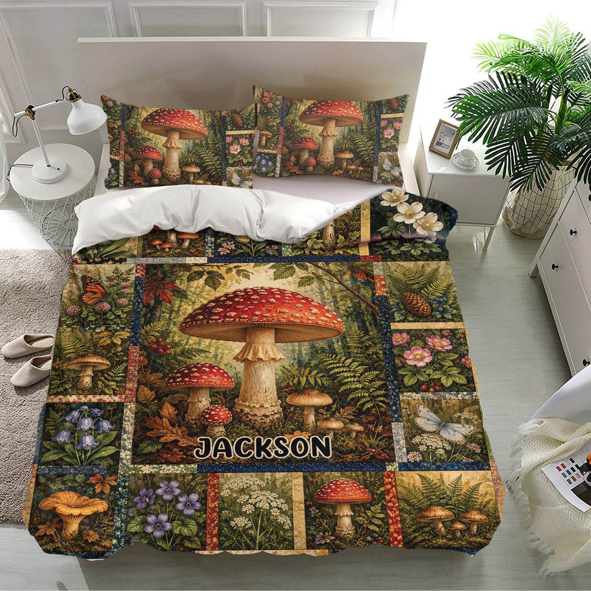 Mushroom duvet cover bedding set displayed in a bright bedroom with colorful forest artwork