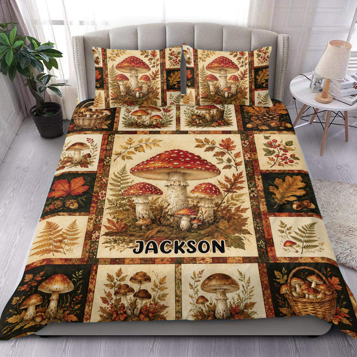 Mushroom duvet cover set displayed on a bed with vintage woodland panels, autumn leaves, berries, and ferns