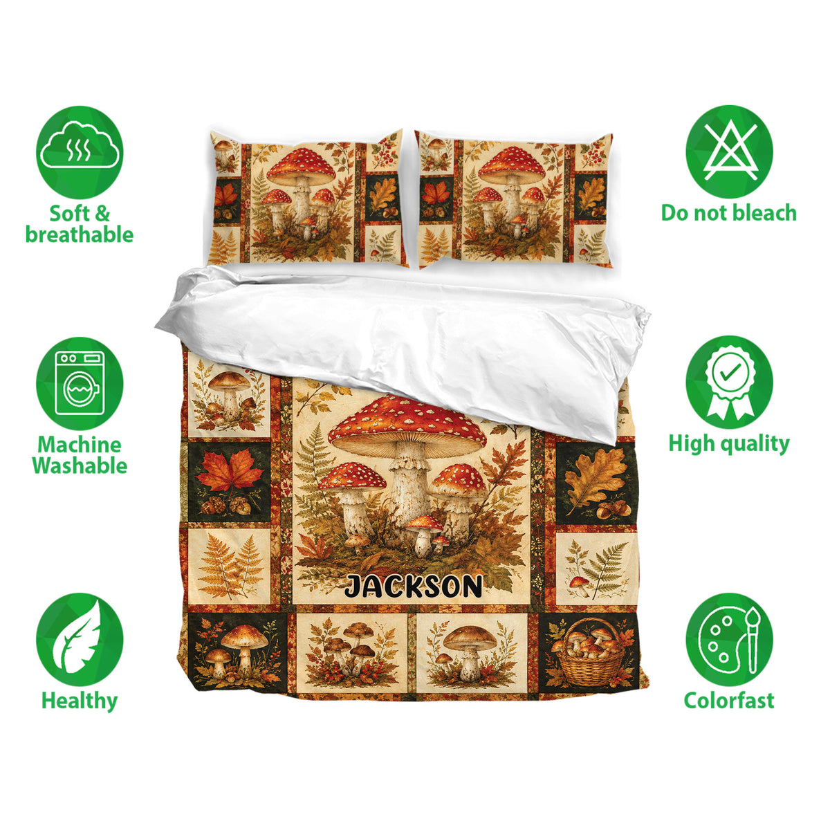 Vintage mushroom duvet cover bedding set shown with matching pillowcases and a rustic autumn woodland design
