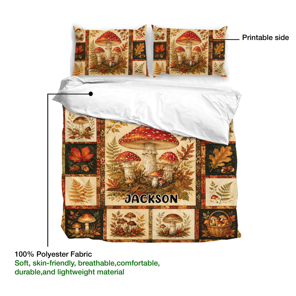 Mushroom duvet cover set detail showing the printable side and soft polyester fabric construction