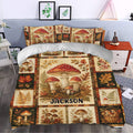 Rustic mushroom duvet cover set styled in a bedroom with vintage botanical panels and warm autumn colors