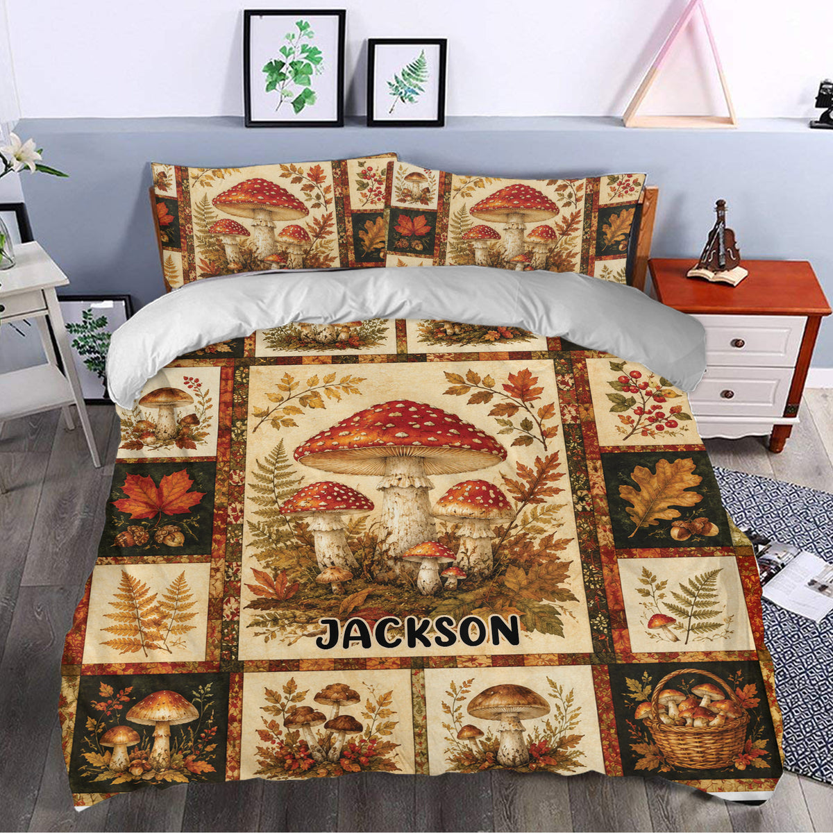 Rustic mushroom duvet cover set styled in a bedroom with vintage botanical panels and warm autumn colors