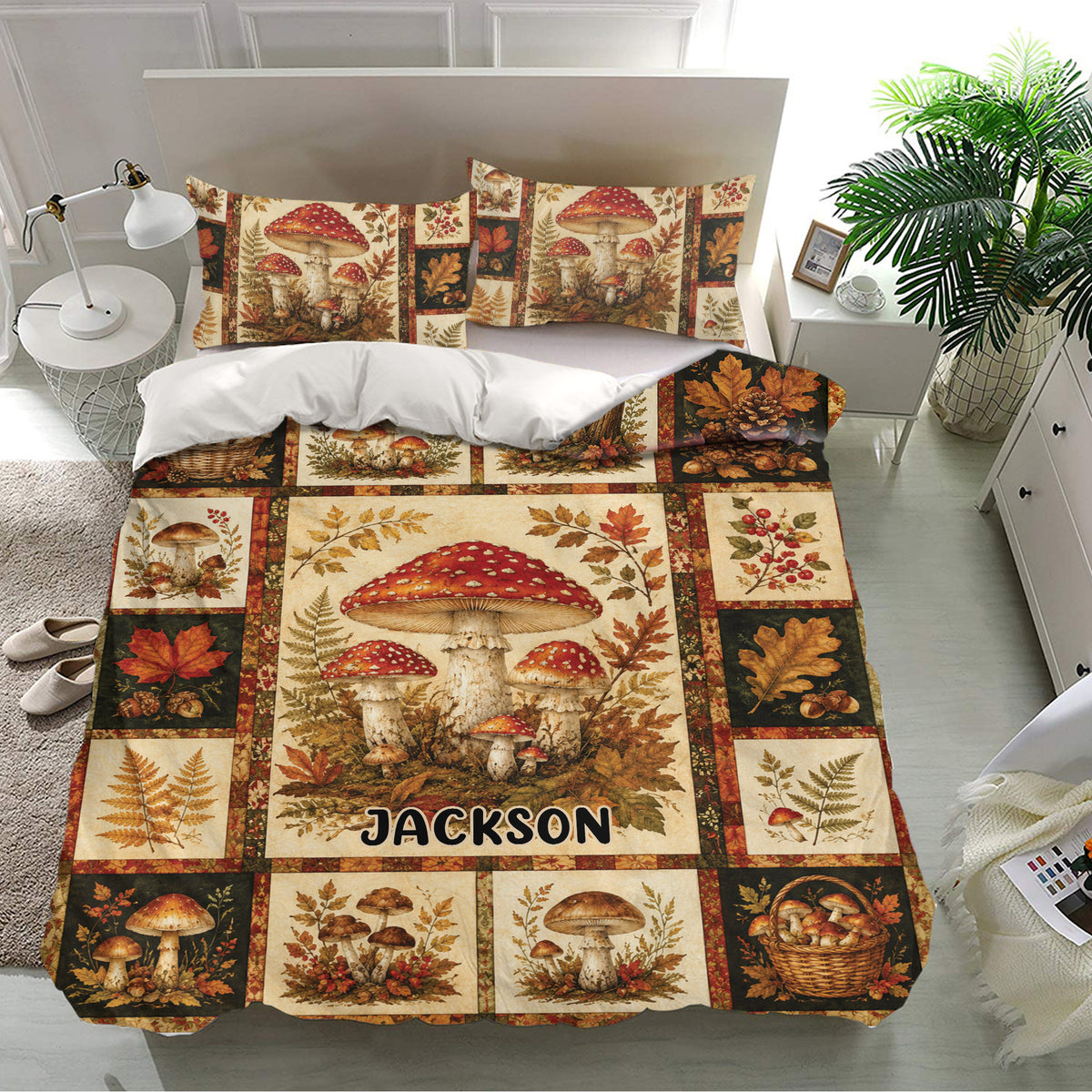 Woodland mushroom duvet cover bedding set displayed in a bright bedroom with matching pillows and leaf motifs