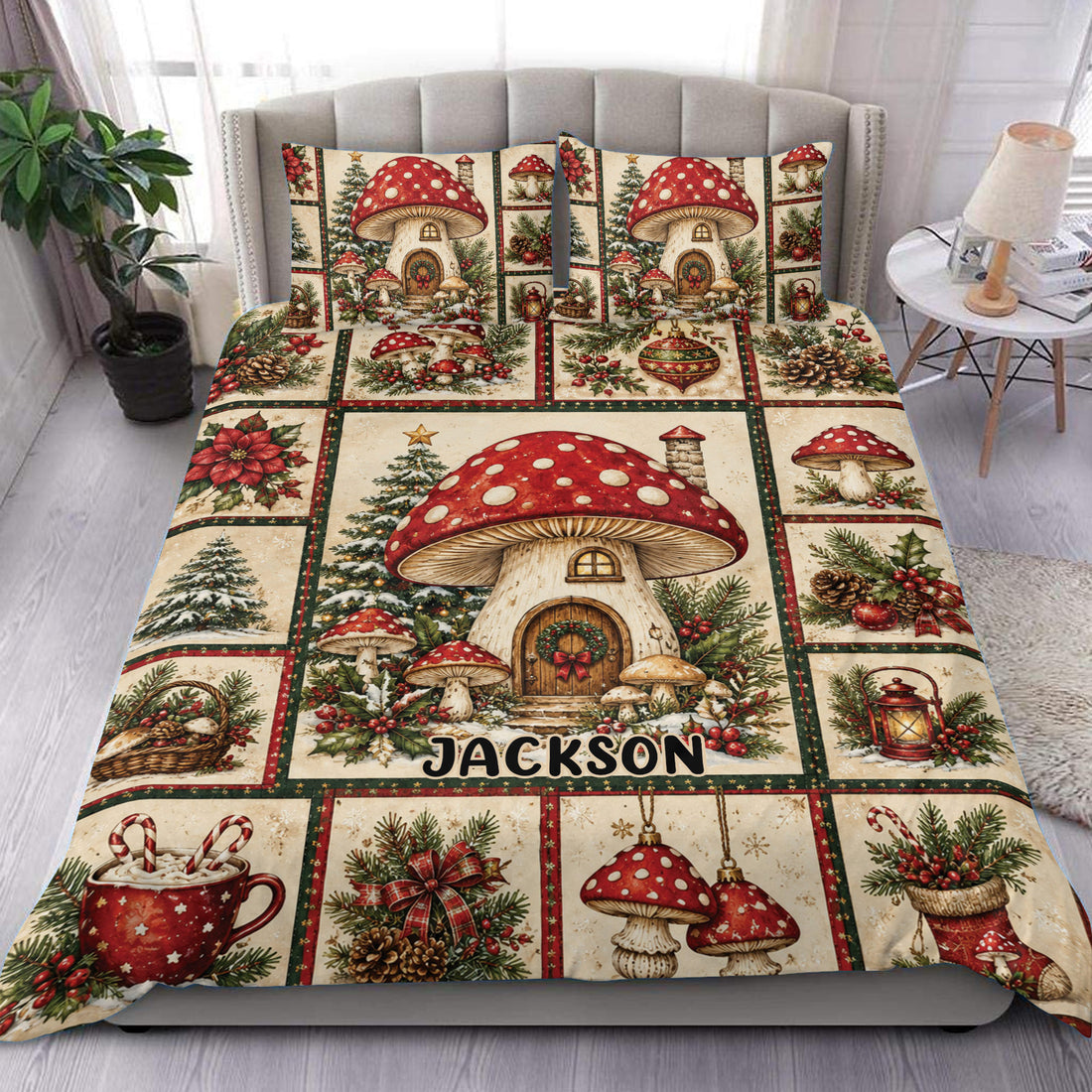 Mushroom duvet cover set displayed on a bed with vintage Christmas woodland artwork