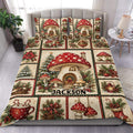 Mushroom duvet cover set displayed on a bed with vintage Christmas woodland artwork