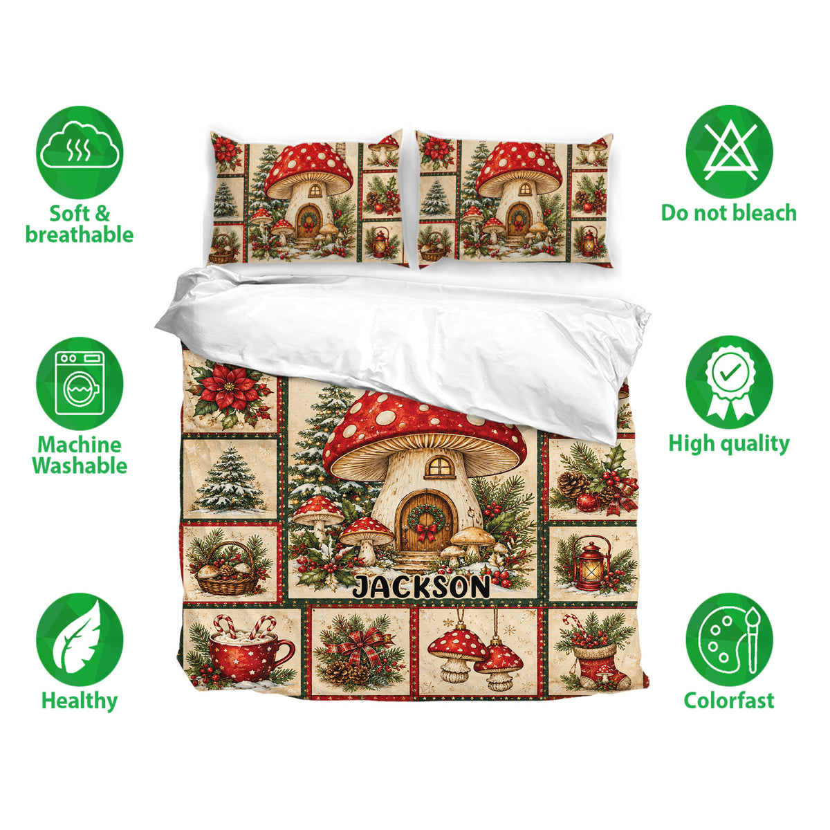 Mushroom bedding set with red-capped fungi, evergreen branches and festive patchwork artwork