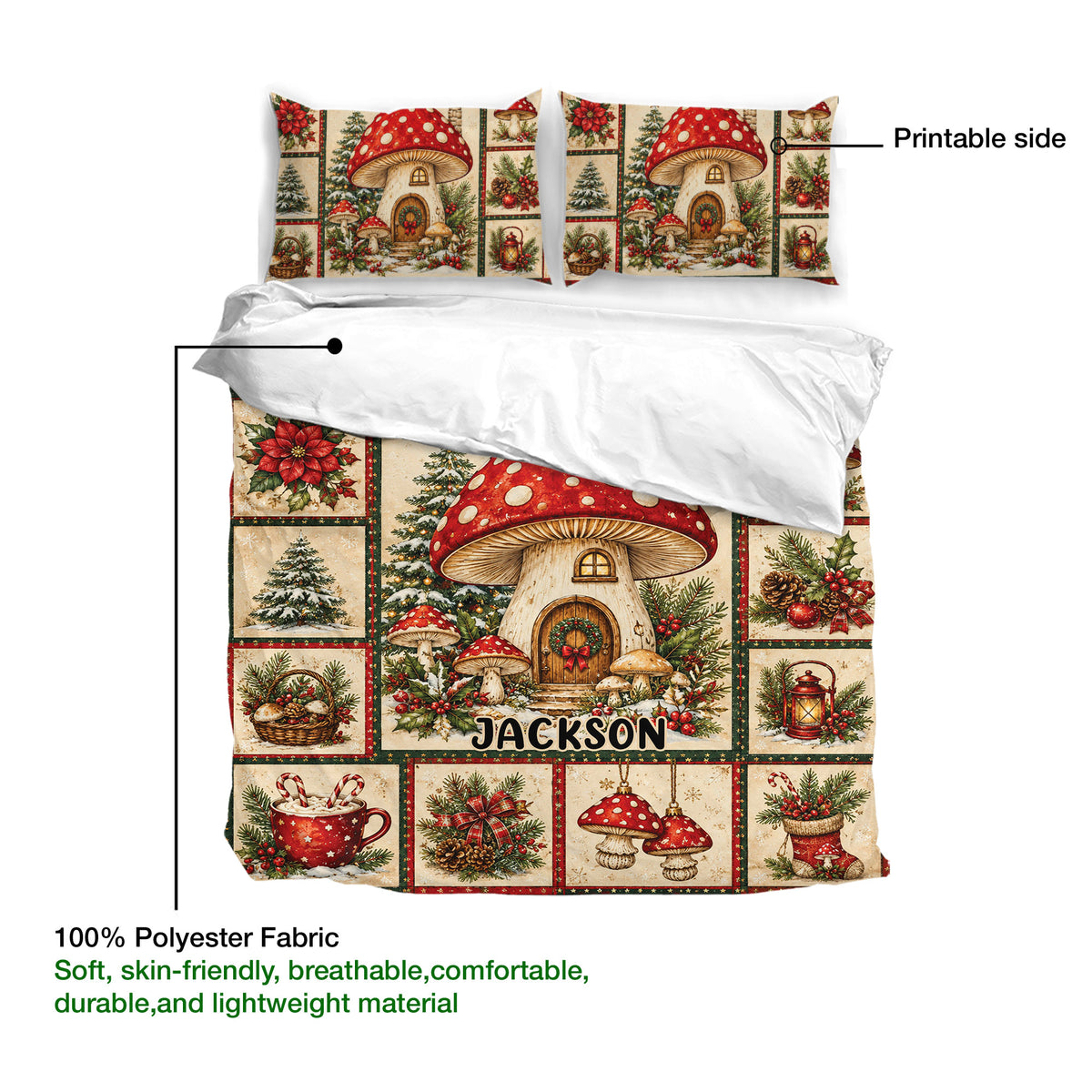 Mushroom duvet cover and pillowcases shown with a printable design and soft fabric detail