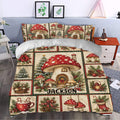Mushroom duvet cover set styled in a bedroom with red fungi, poinsettias and Christmas greenery