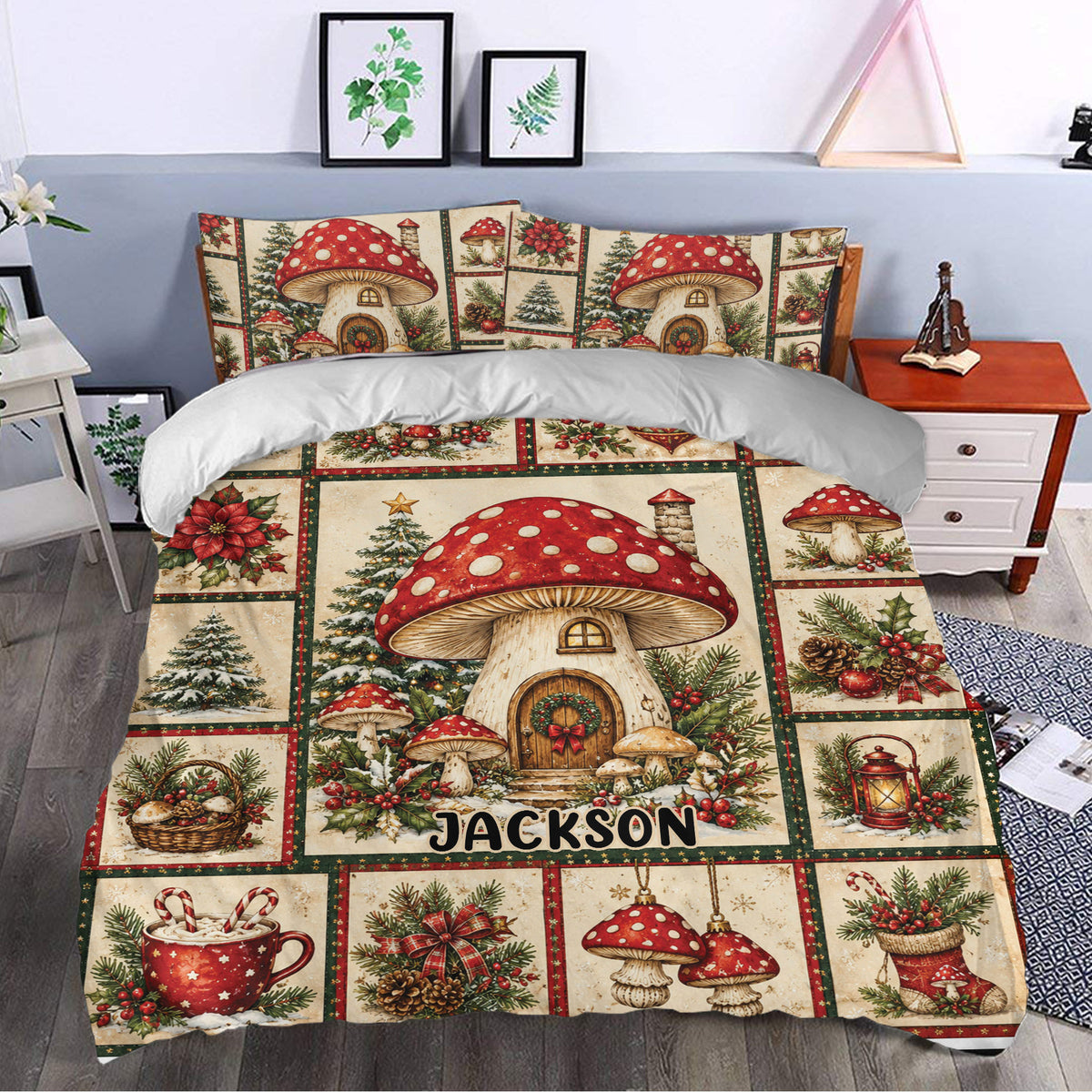 Mushroom duvet cover set styled in a bedroom with red fungi, poinsettias and Christmas greenery