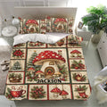Christmas mushroom bedding set displayed in a bright bedroom with matching pillowcases