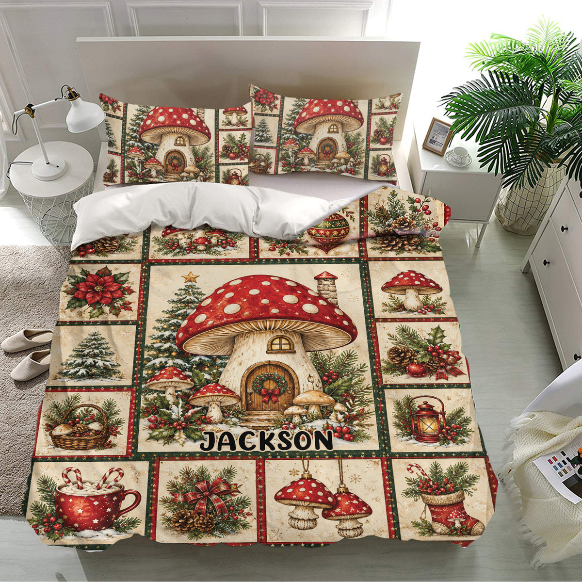 Christmas mushroom bedding set displayed in a bright bedroom with matching pillowcases
