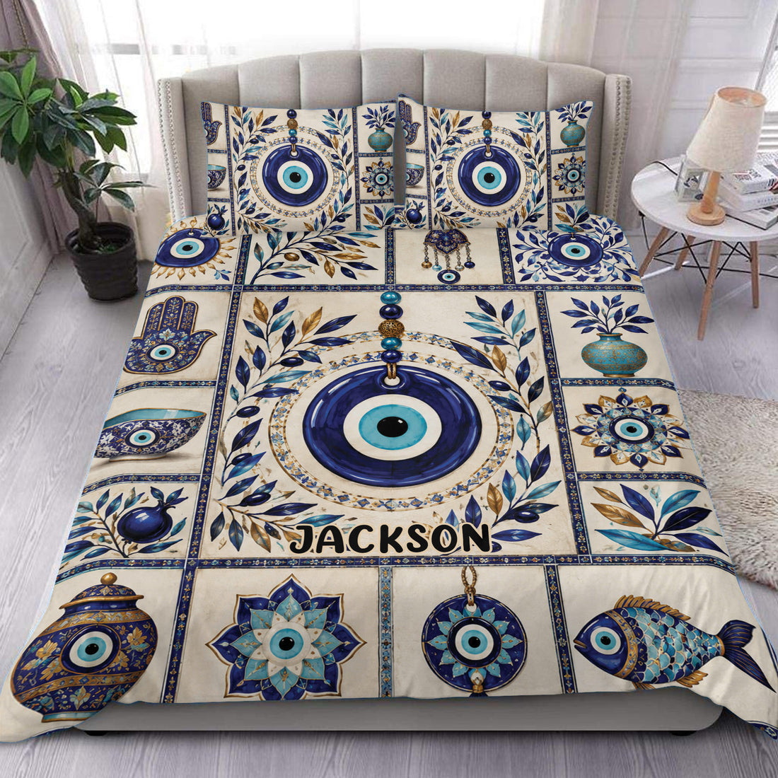 Evil eye duvet cover set displayed on a bed with blue and turquoise motifs, ornate borders, and botanical accents