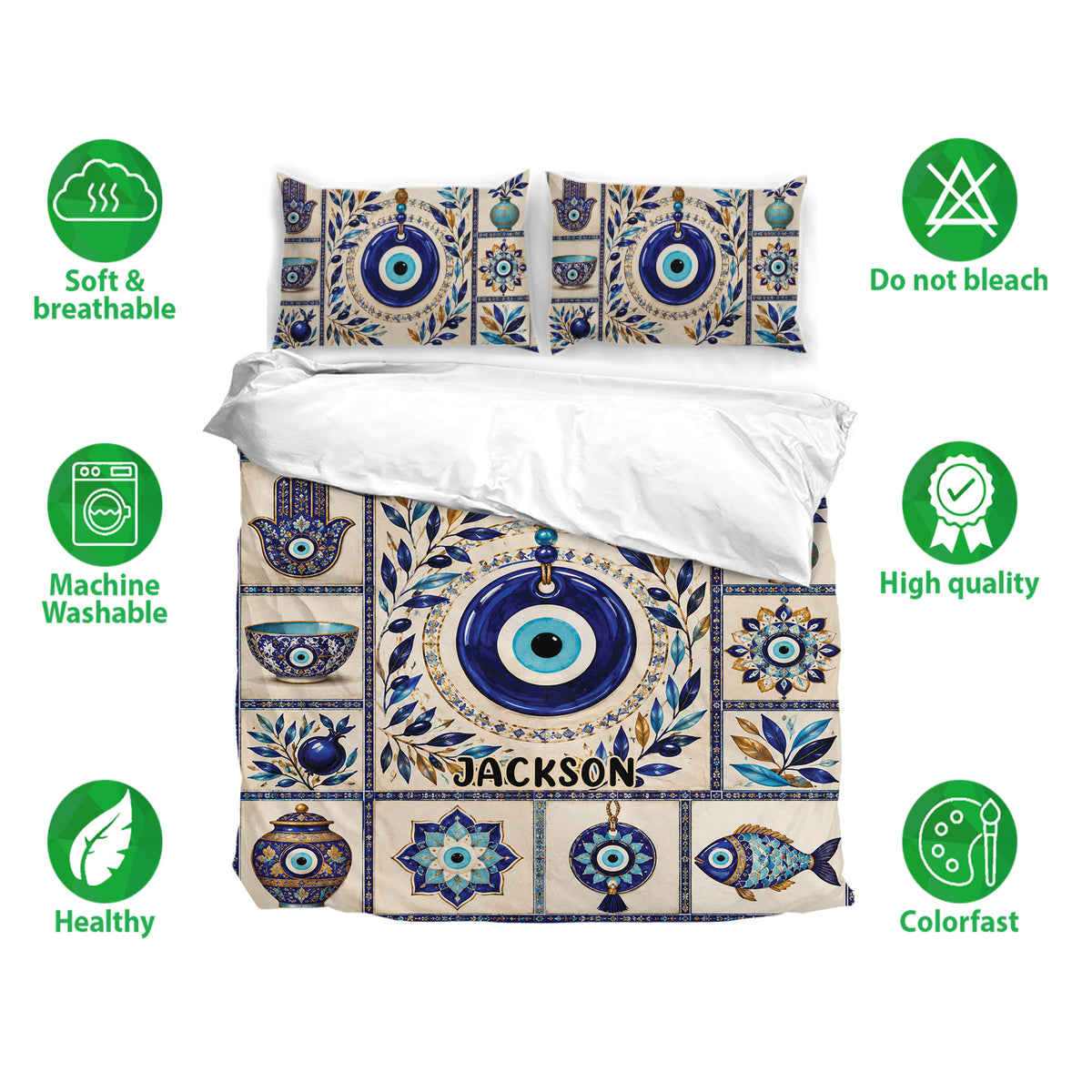 Evil eye bedding set with matching pillowcases shown with soft breathable fabric and care feature icons