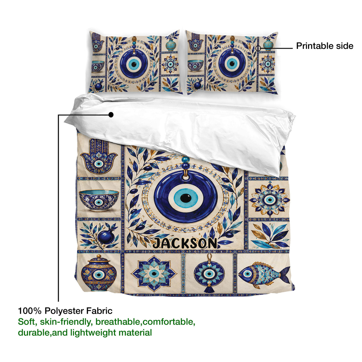 Evil eye duvet cover bedding set showing the printable side, soft polyester fabric, and ornate blue artwork
