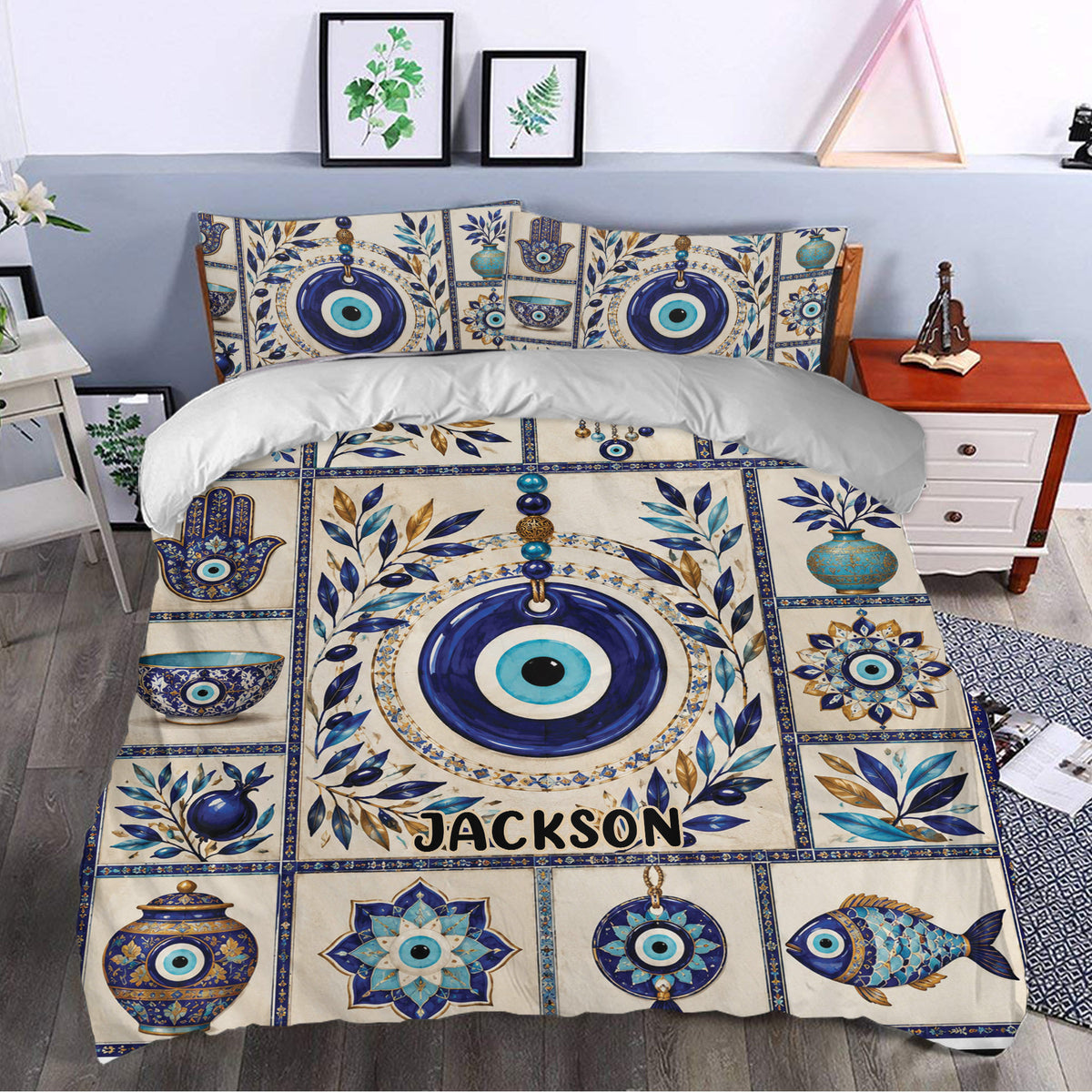 Evil eye duvet cover styled in a bedroom with blue botanical details, protective symbols, and decorative motifs