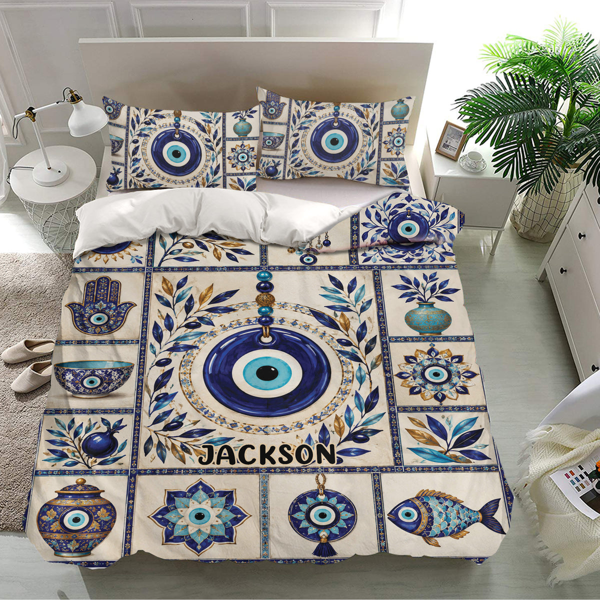 Evil eye bedding set presented in a bright bedroom with matching pillowcases and bold blue turquoise artwork