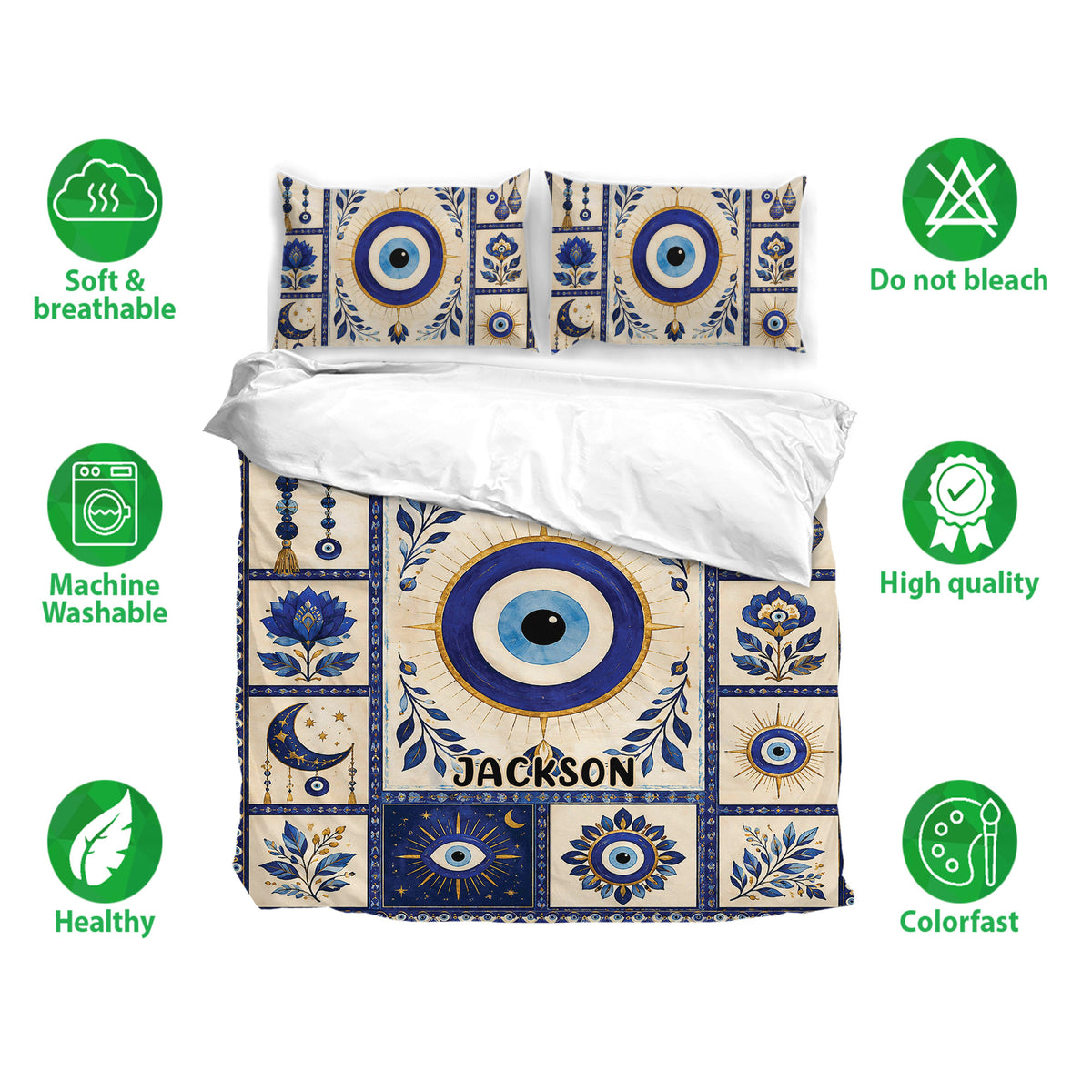 Evil eye duvet cover bedding set displayed with matching pillows and blue botanical artwork