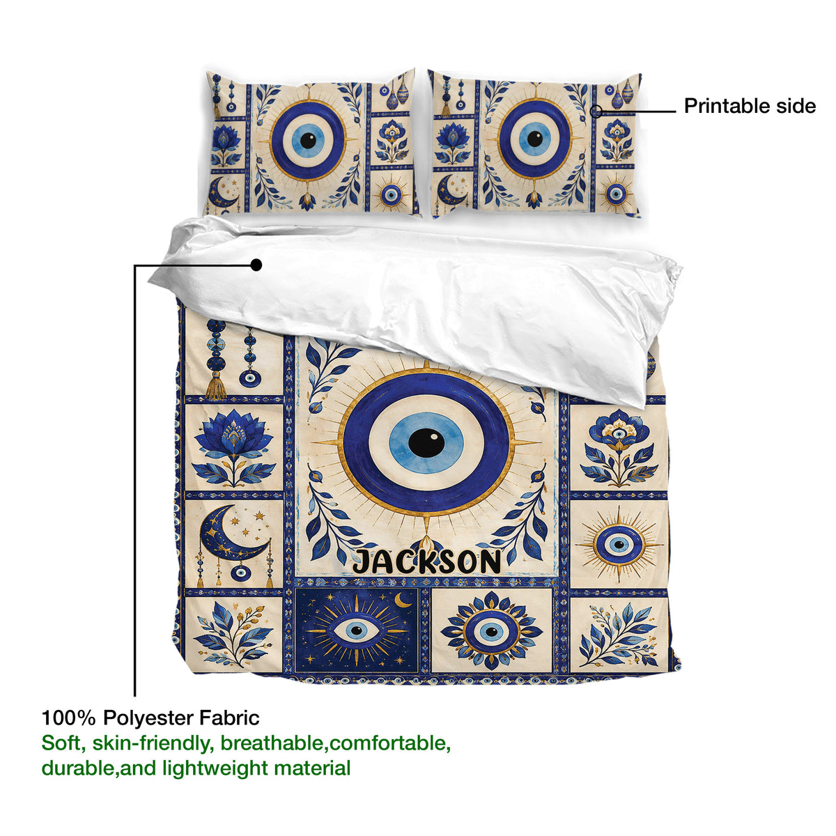 Evil eye duvet cover set showing the printed side, large central eye motif, and matching pillows