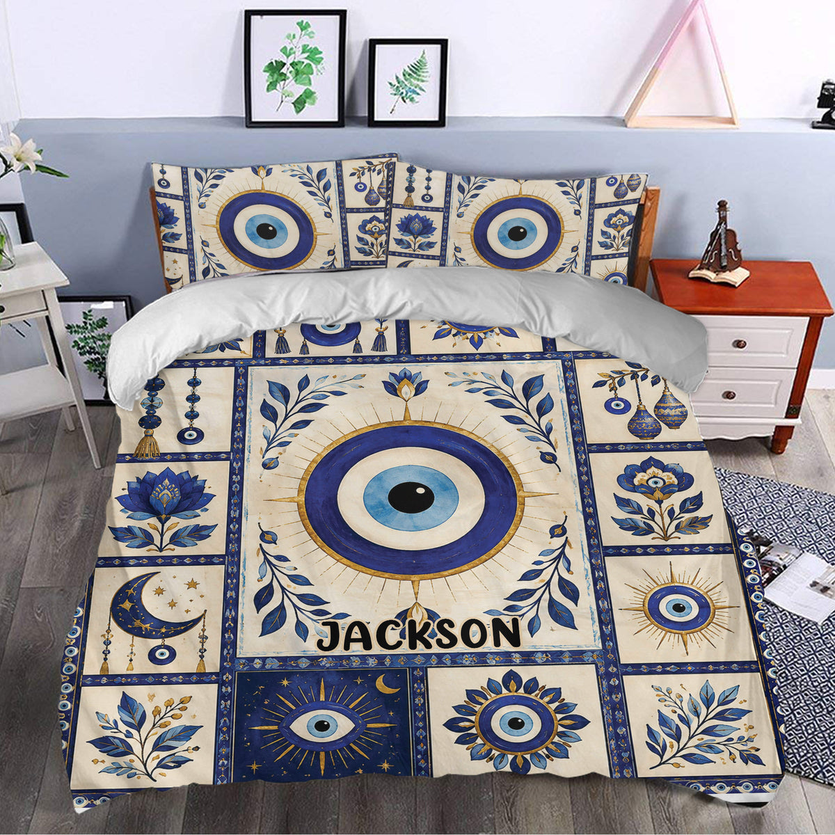Blue evil eye bedding set styled in a bedroom with celestial symbols, flowers, and ornate borders