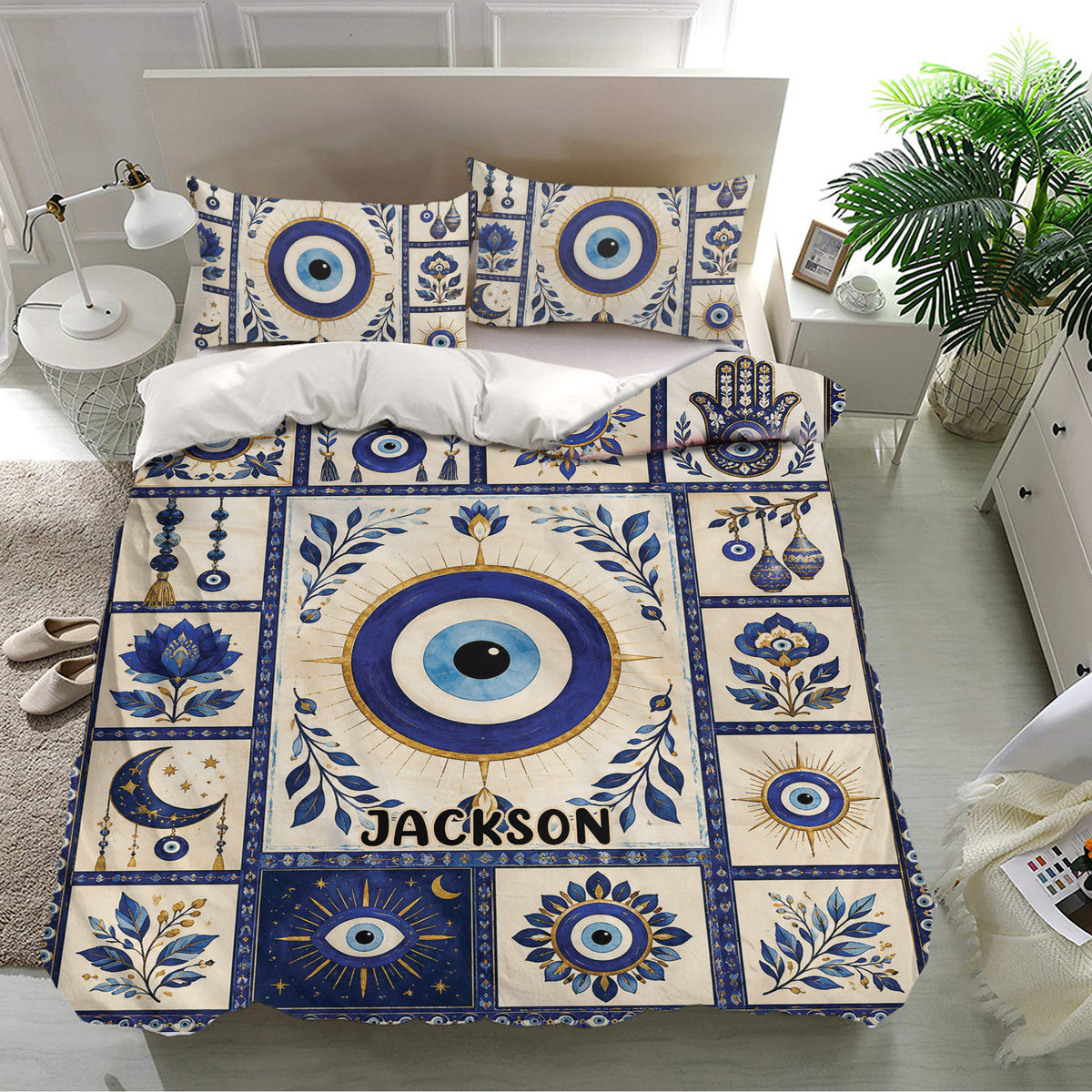 Evil eye duvet cover bedding set in a bright bedroom with blue, cream, and gold decorative motifs