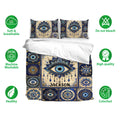 Evil Eye bedding set with ornate blue and gold eye motifs shown with matching pillowcases