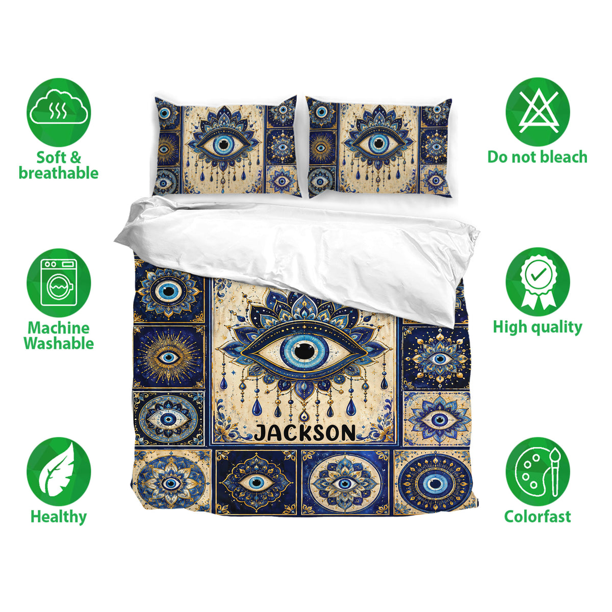 Evil Eye bedding set with ornate blue and gold eye motifs shown with matching pillowcases