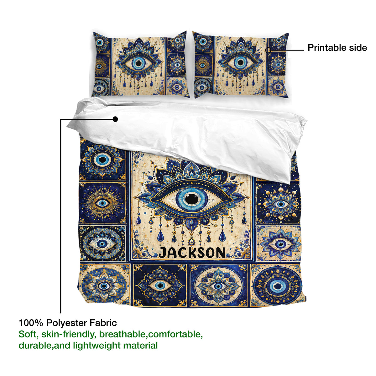 Evil Eye duvet cover set detail showing the printed side, soft fabric, and ornate blue artwork