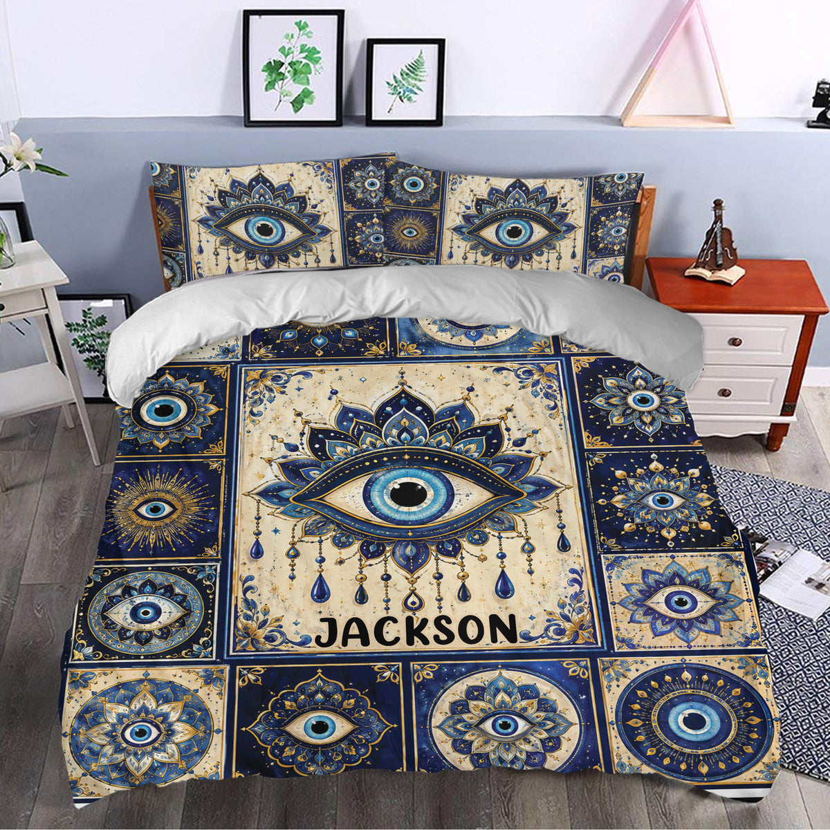 Evil Eye duvet cover bedding in a bedroom with navy, cream, gold, and turquoise mandala-style eyes
