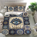 Evil Eye bedding set styled in a bright bedroom with matching eye motif pillowcases