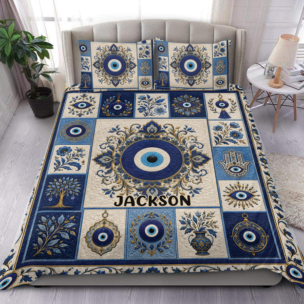 Evil eye duvet cover set displayed on a bedroom with ornate blue, ivory, and gold floral motifs