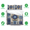 Evil eye bedding set shown with matching pillowcases, soft fabric icons, and a blue ornamental design