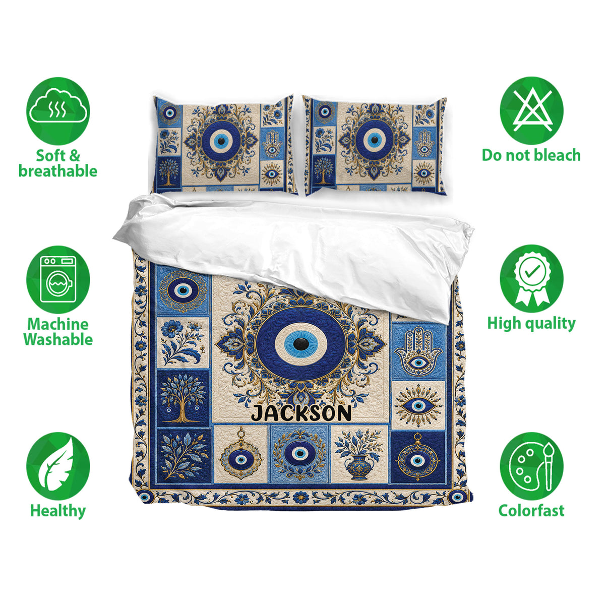 Evil eye bedding set shown with matching pillowcases, soft fabric icons, and a blue ornamental design