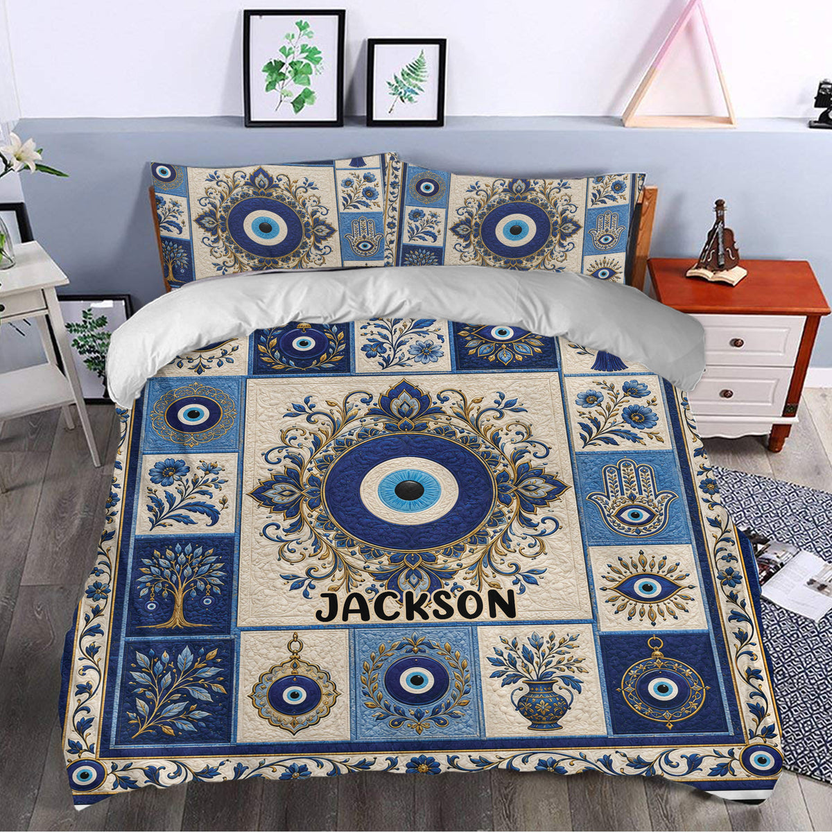 Blue and gold evil eye duvet cover styled in a bedroom with floral and hamsa details