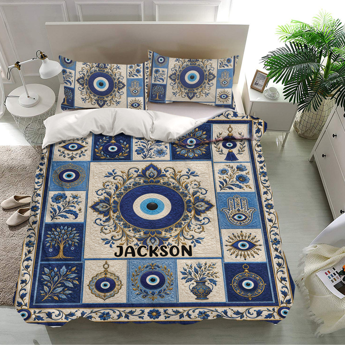 Ornate evil eye bedding set displayed in a bright bedroom with blue floral and hamsa artwork