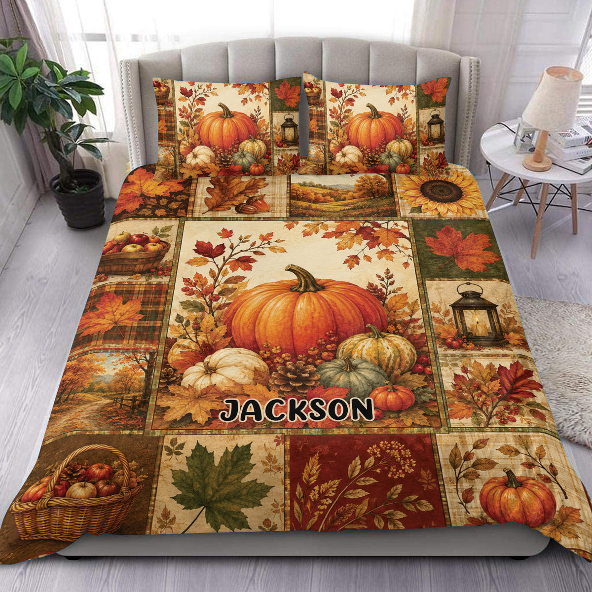 Autumn pumpkin duvet cover bedding set displayed on a bed with harvest patchwork, leaves, lanterns, and warm rustic colors
