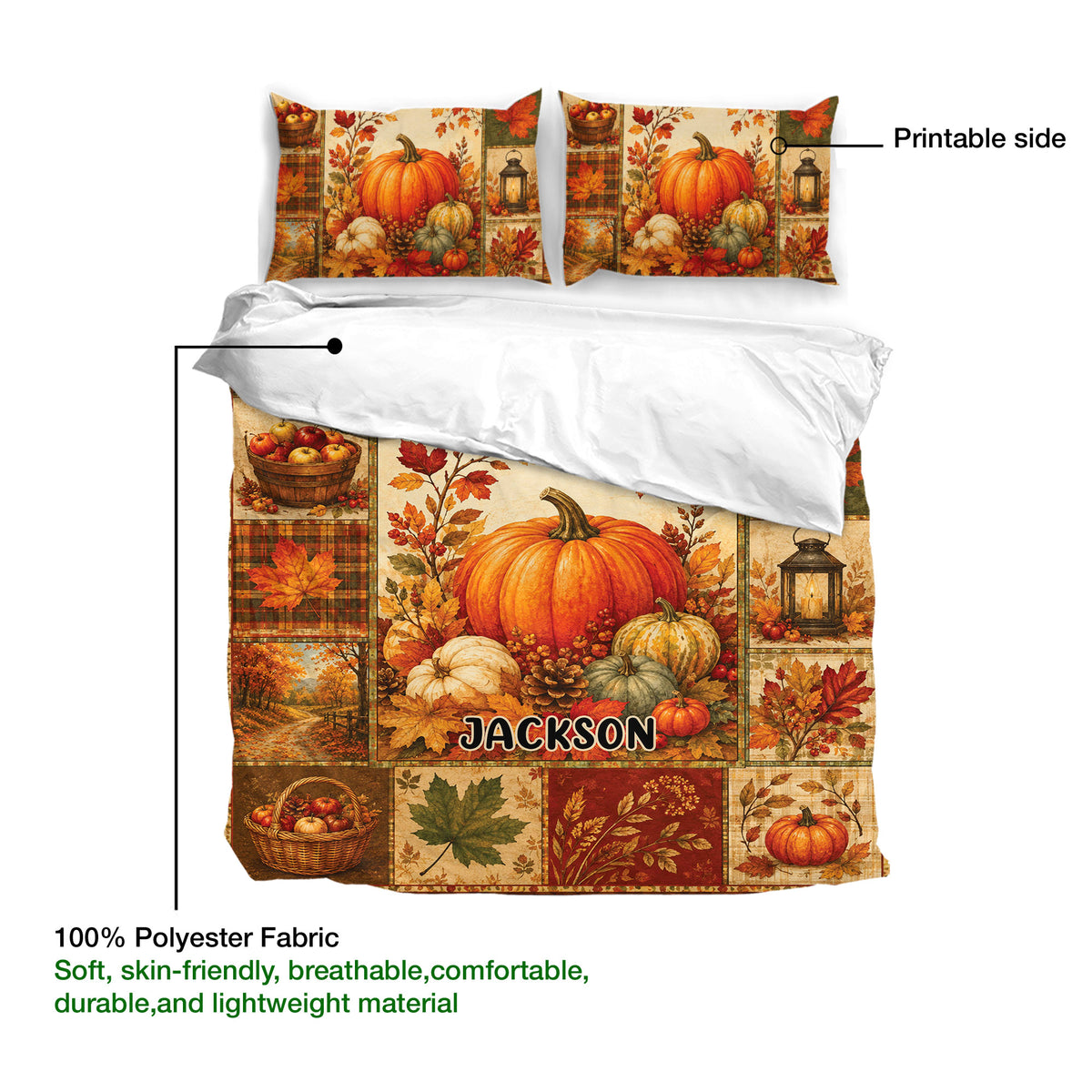 Autumn pumpkin duvet cover bedding set with detailed harvest patchwork artwork shown on the printable side