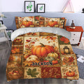 Rustic autumn bedroom styled with pumpkin, maple leaf, harvest, and lantern duvet cover bedding set