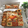 Autumn harvest duvet cover bedding set displayed in a bright bedroom with pumpkins, sunflowers, leaves, and matching pillowcases