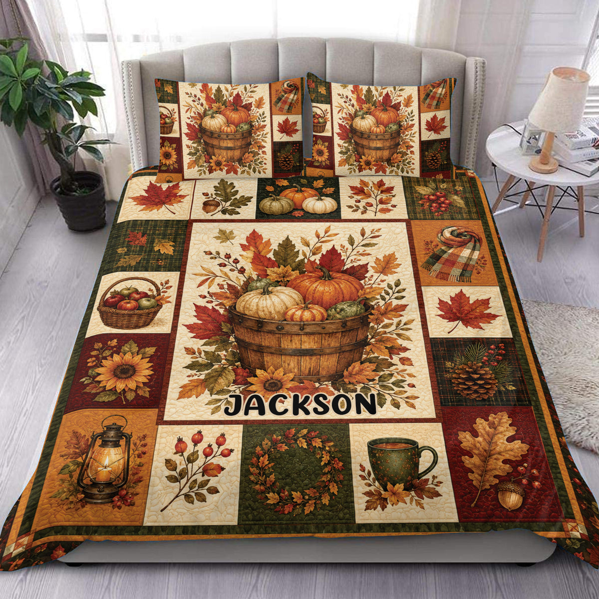 Autumn harvest duvet cover bedding set with pumpkins, leaves, sunflowers, and warm rustic bedroom decor